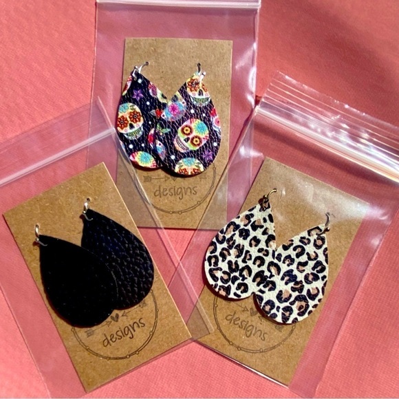 Hand Crafted Jewelry - 3 Pairs Faux Leather Teardrop Earrings Handmade Dia De Los Muertos Leopard Black